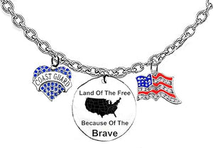Coast Guard, Blue Crystal Heart, Land Of The Free, Because Of The Brave, Genuine Austrian Crystal American Flag, On A Adjustable Silvertone Cable Chain Necklace, 18 To 21 Inches, What A Wonderful Gift