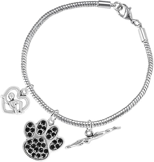 Swimming 3 Charm Black Crystal Paw Bracelet Hypoallergenic, Safe-Nickel, Lead & Cadmium Free!