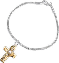 Christian Cross, Two Tone Matt Gold and Silver, Faux Pearl Bracelet, Adjustable, Hypoallergenic, Safe-Nickel, Lead, and Cadmium Free