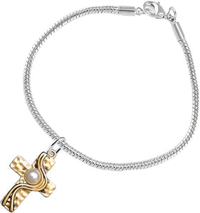 Christian Cross, Two Tone Matt Gold and Silver, Faux Pearl Bracelet, Adjustable, Hypoallergenic, Safe-Nickel, Lead, and Cadmium Free