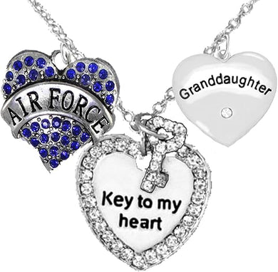 Air Force Granddaughter, Key to My Heart, Crystal Granddaughter Heart Necklace, Hypoallergenic, Safe-Nickel, Lead Free