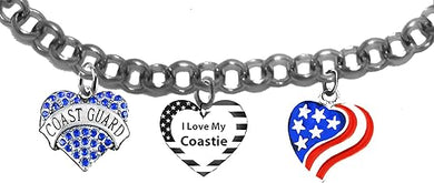 Coast Guard, I Love My Coastie, Adjustable Bracelet With Heart American Flag, Genuine Austrian Blue Crystal Coast Guard Heart, I Love My Coastie Heart, Hypoallergenic-Safe, No Nickel, Lead Or Cadmium In The Metal. ©2023