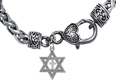 Messianic Christian Silver Star Of David With Silver Austrian Crystal Cross, On A Antique Wheat Chain Bracelet, Hypoallergenic-Safe, No Nickel, Lead, Or Cadmium In The Metal ©2023
