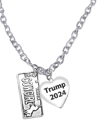 Cowgirls For Trump, Cowgirls Truck License Plate, Trump 2024 Heart On A Adjustable Cable Chain Necklace, 18-21 Inches. Small Chain 3/16th Inch What A Wonderful Gift For Yourself, Or Someone Special.