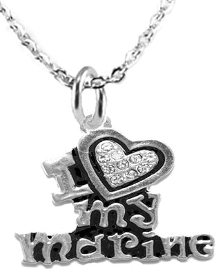 I Love My Marine, Sterling Silver Solid .925 Sterling, Not Plated Or Coated. 18 Inch Necklace Chain, Nickel, Lead, Cadmium Free