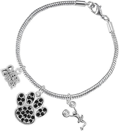 Black Paw Crystal Cheer 3 Charm Bracelet Safe-Hypoallergenic, Nickel, Lead and Cadmium Free