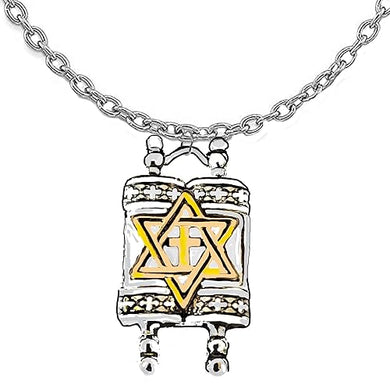 Messianic, Yeshua, Holy, Holy, Holy Antique Silvertone Torah (Bible) With A 14Kt Goldtone Star of David And Cross On A Adjustable Silvertone Cable Chain Necklace. The Torah Is The Five Books Of Moses