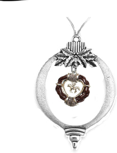 Horse in Faux Rope Heart Christmas Ornament,Silvertone, Western.What A Wonderful Gift for Yourself,Or Someone Special.Comes in A Black Velvet Bag. Made in The US by Veterans