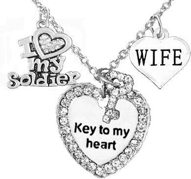 Army Wife Genuine Crystal, Key to My Heart & I Love My Soldier, Adjustable Hypoallergenic, Safe-Nickel, Lead, Cadmium Free