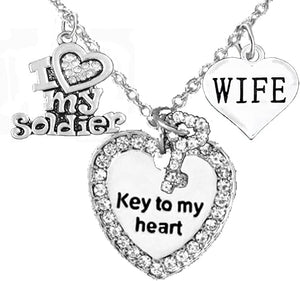 Army Wife Genuine Crystal, Key to My Heart & I Love My Soldier, Adjustable Hypoallergenic, Safe-Nickel, Lead, Cadmium Free