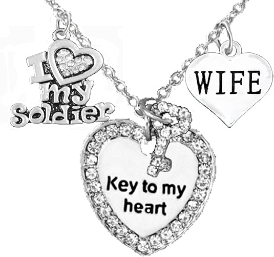 Army Wife Genuine Crystal, Key to My Heart & I Love My Soldier, Adjustable Hypoallergenic, Safe-Nickel, Lead, Cadmium Free