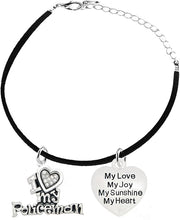 Policeman's, I Love My Policeman, My Love, My Joy, Adjustable Black Suede Bracelet, Hypoallergenic, Safe-Nickel, Lead, Free