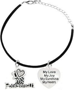 Policeman's, I Love My Policeman, My Love, My Joy, Adjustable Black Suede Bracelet, Hypoallergenic, Safe-Nickel, Lead, Free