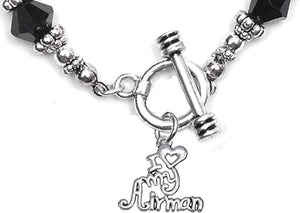 Air Force, I Love My Airman, Black Crystal Bracelet Hypoallergenic, Safe-Nickel, Lead, Cadmium Free