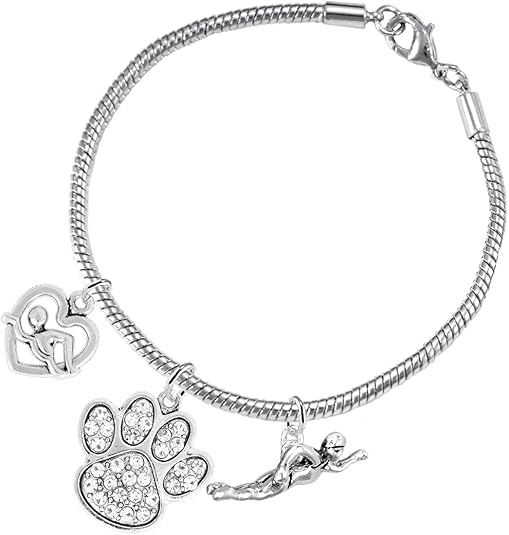Swimming 3 Charm Clear Crystal Paw Bracelet Hypoallergenic, Safe-Nickel, Lead & Cadmium Free!