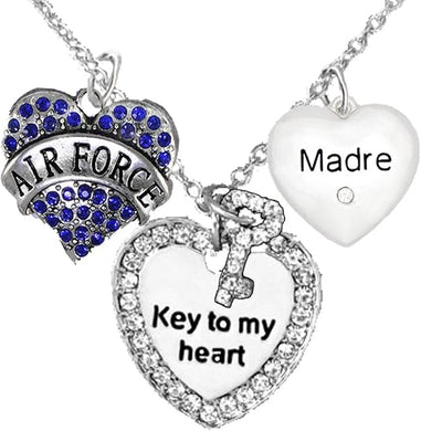 Air Force Madre, Key to My Heart, Crystal Madre Heart Necklace, Hypoallergenic, Safe-Nickel, Lead Free
