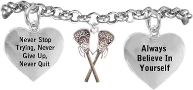 Lacrosse Never Stop Trying, Never Give Up, Never Quit Adjustable Bracelet, Safe-Nickel, Lead Free