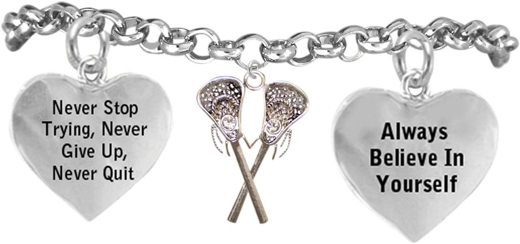 Lacrosse Never Stop Trying, Never Give Up, Never Quit Adjustable Bracelet, Safe-Nickel, Lead Free