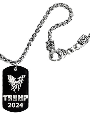 Trump 2024, American Flag Eagle Black Dog Tag On A Antique Wheat Chain Necklace, 18 Inches, What A Wonderful Gift For Yourself, Or A Friend, Or A Family Member, Or As A Donor Gift.Hypoallergenic-Safe