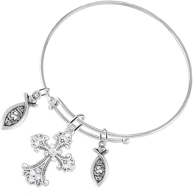 Christian Crystal Cross 2 Jesus Fish, 3 Charm Adjustable Bracelet Hypoallergenic, Safe-Nickel, Lead Free
