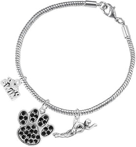 Swimming 3 Charm Black Crystal Paw Bracelet Hypoallergenic, Safe-Nickel, Lead & Cadmium Free!