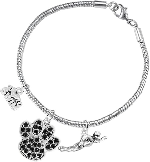 Swimming 3 Charm Black Crystal Paw Bracelet Hypoallergenic, Safe-Nickel, Lead & Cadmium Free!