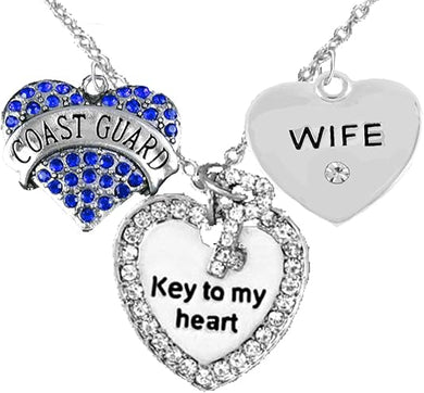 Coast Guard Wife, Key to My Heart, Crystal Wife Heart Charm Necklace, Adjustable, Hypoallergenic, Safe- Nickel, Lead, and Cadmium Free