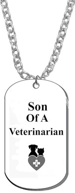 Son Of A Veternarian, Dog Tag On A Silvertone Cable Chain Necklace. 9-12 Inches. What A Great Gift For Yourself, Or Somebody Special. As A Gift No Worry About What Size They Wear. It Is Adjustable.