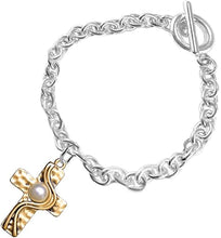 Christian Cross, Two Tone Matt Gold and Silver, Faux Pearl Bracelet, Adjustable, Hypoallergenic, Safe-Nickel, Lead, and Cadmium Free