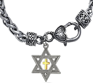 Messianic, Christian, Antique Silver Star Of David, Gold Cross On A Antique Wheat Chain Bracelet, Hypoallergenic-Safe, No Nickel, Lead, or Cadmium In The Metal ©2023
