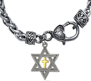 Messianic, Christian, Antique Silver Star Of David, Gold Cross On A Antique Wheat Chain Bracelet, Hypoallergenic-Safe, No Nickel, Lead, or Cadmium In The Metal ©2023
