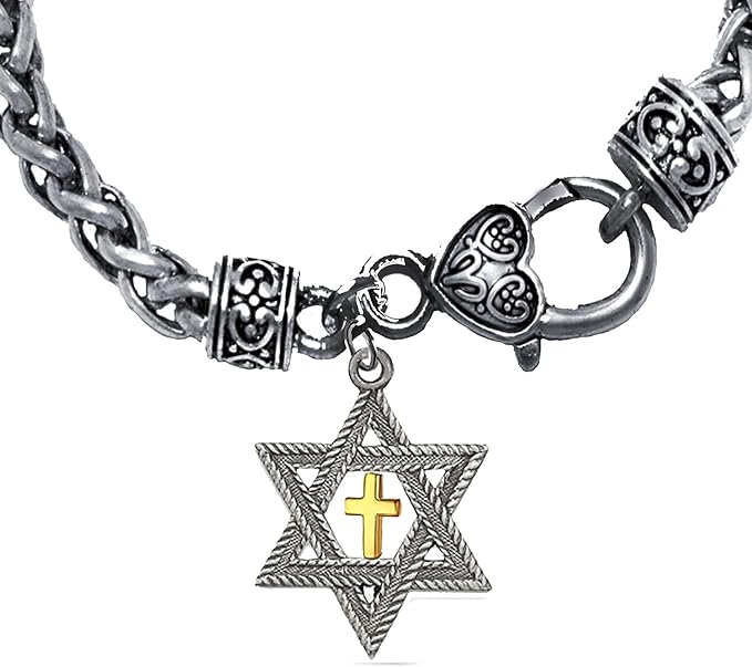 Messianic, Christian, Antique Silver Star Of David, Gold Cross On A Antique Wheat Chain Bracelet, Hypoallergenic-Safe, No Nickel, Lead, or Cadmium In The Metal ©2023