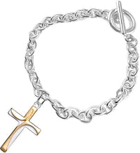 Two Tone Matt Gold and Silver Contemporary Cross Bracelet Hypoallergenic, Safe-Nickel, Lead, and Cadmium Free
