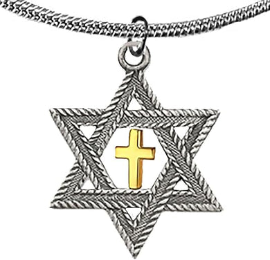 Messianic, Christian, Jewish, Antique Silver Star Of David, Gold Cross, Adjustable 18 To 21 Inch Snake Chain Necklace, Hypoallergenic, No Nickel, Lead, Cadmium In Metal