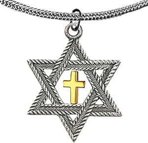Messianic, Christian, Jewish, Antique Silver Star Of David, Gold Cross, Adjustable 18 To 21 Inch Snake Chain Necklace, Hypoallergenic, No Nickel, Lead, Cadmium In Metal