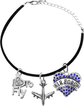 Air Force I Love to Fly Genuine Crystal, Licensed Air Force Charm, and Jet Plane, Adjustable, Black Suede Bracelet, Hypoallergenic, Safe-Nickel, Lead, Cadmium Free