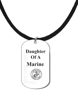 Daughter Of A Marine Dog Tag On A Genuine Black Suede Necklace. 18-21 Inches. What A Great Gift For Yourself, Or Somebody Special. Beautiful Premium Quality, Silvertone Finish. Hypoallergenic-Safe