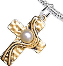 Christian Cross, Two Tone Matt Gold and Silver, Faux Pearl Bracelet, Adjustable, Hypoallergenic, Safe-Nickel, Lead, and Cadmium Free