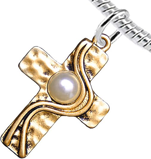 Christian Cross, Two Tone Matt Gold and Silver, Faux Pearl Bracelet, Adjustable, Hypoallergenic, Safe-Nickel, Lead, and Cadmium Free