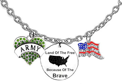 Army, Olive Green Austrian Crystal Heart,Land Of The Free,Because Of The Brave,Genuine Austrian Crystal American Flag,On A Adjustable Silvertone Cable Chain Necklace,What A Wonderful Gift For Yourself