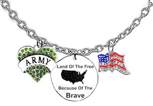 Army, Olive Green Austrian Crystal Heart,Land Of The Free,Because Of The Brave,Genuine Austrian Crystal American Flag,On A Adjustable Silvertone Cable Chain Necklace,What A Wonderful Gift For Yourself