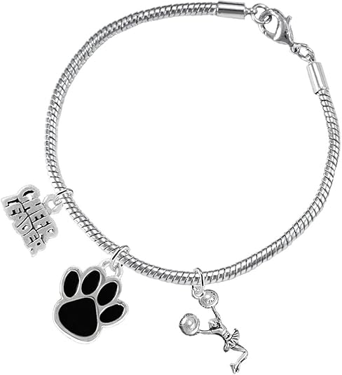 Black Paw Cheer 3 Charm Bracelet Safe-Hypoallergenic, Nickel, Lead and Cadmium Free
