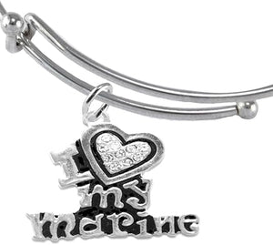 Marine I Love My Marine, Crystal Heart Bracelet, Hypoallergenic, Safe-Nickel, Lead, Free