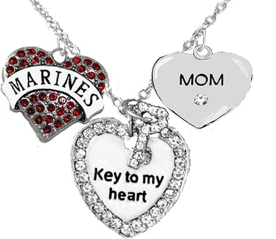 Marine Mom, “Key to My Heart, Crystal Mom Heart Charm Necklace, Hypoallergenic, Safe-Nickel, Lead, Free