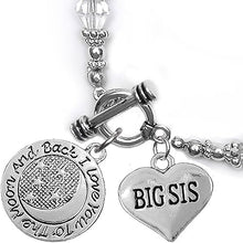 Big Sis, I Love You to The Moon and Back Clear Crystal Charm Bracelet, Hypoallergenic, Safe, Nickel, Lead & Cadmium Free.