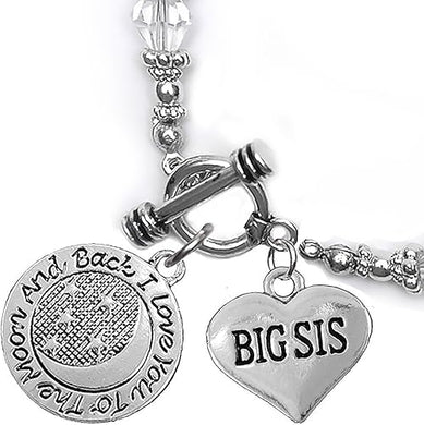 Big Sis, I Love You to The Moon and Back Clear Crystal Charm Bracelet, Hypoallergenic, Safe, Nickel, Lead & Cadmium Free.
