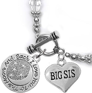 Big Sis, I Love You to The Moon and Back Clear Crystal Charm Bracelet, Hypoallergenic, Safe, Nickel, Lead & Cadmium Free.