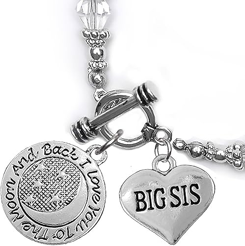 Big Sis, I Love You to The Moon and Back Clear Crystal Charm Bracelet, Hypoallergenic, Safe, Nickel, Lead & Cadmium Free.