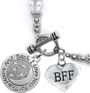 BFF I Love You To The Moon And Back Clear Crystal Charm Bracelet, Hypoallergenic, Safe, Nickel, Lead & Cadmium Free.