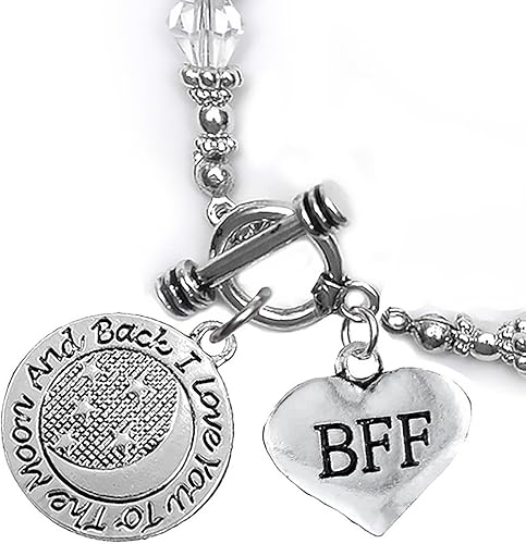 BFF I Love You To The Moon And Back Clear Crystal Charm Bracelet, Hypoallergenic, Safe, Nickel, Lead & Cadmium Free.